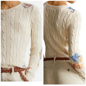 Polo Ralph Lauren Pima Cotton Patch Embroidered Cable Knit Crew Neck Sweater